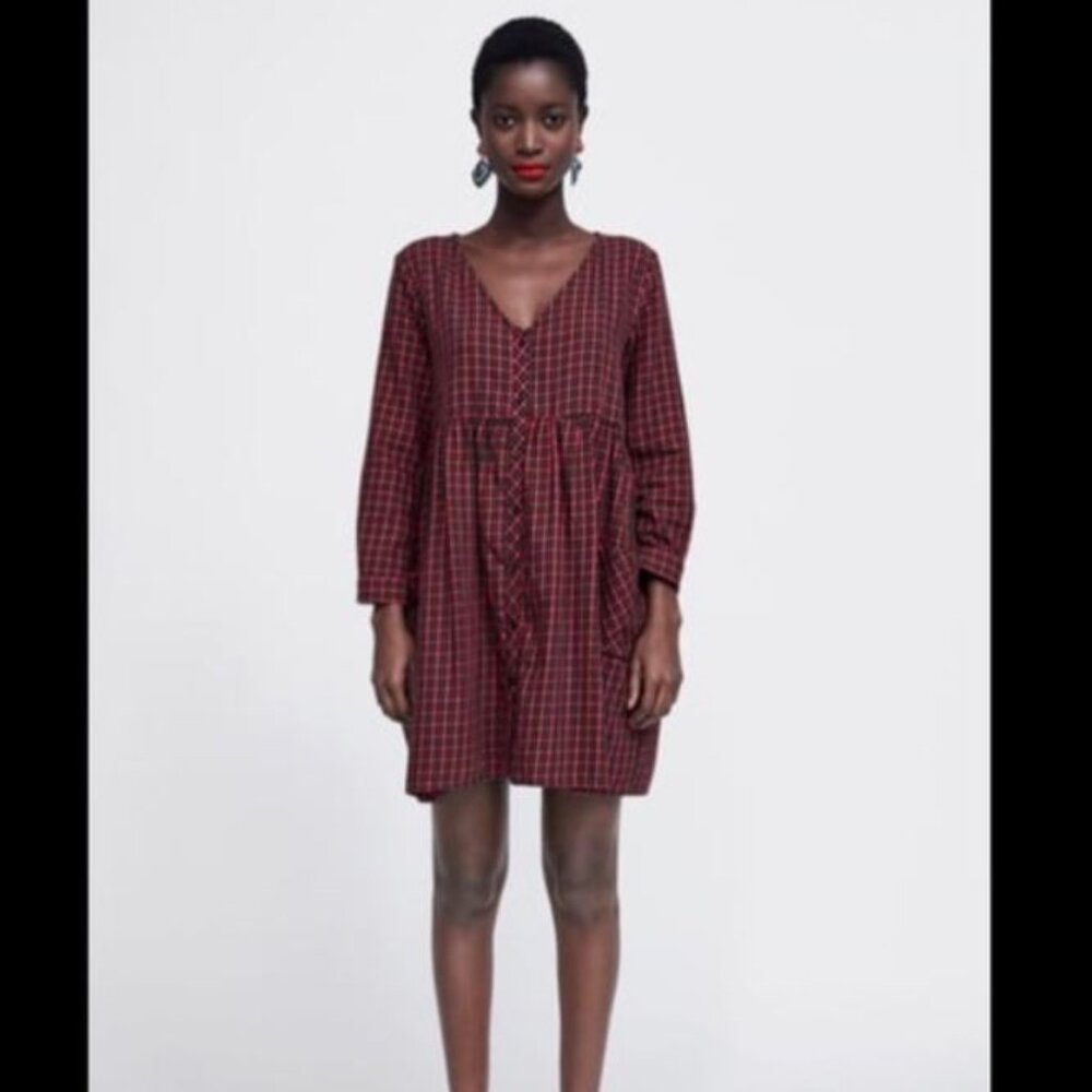 Zara || Oversized Long Sleeve Festive Plaid Babydoll Dress
